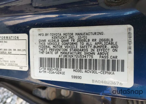 2002 Toyota Camry Le from USA, damaged, VIN 4T1BE32K72U534775